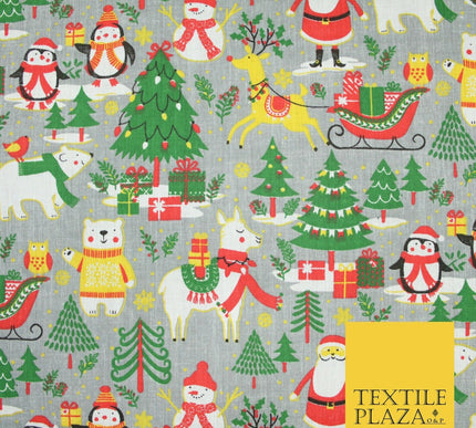3 COLOURS Festive Santa Penguin Llama Snowman Christmas Print Polycotton Fabric
