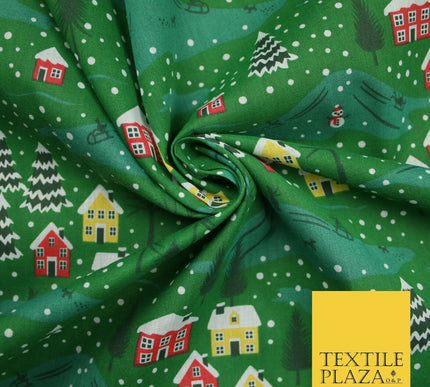 Festive Snowy Neighbourhood Scene Christmas Printed Polycotton Fabric 45" Wide