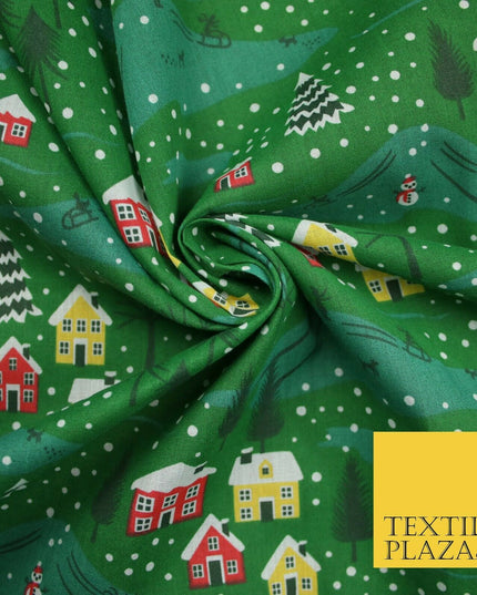 Festive Snowy Neighbourhood Scene Christmas Printed Polycotton Fabric 45" Wide