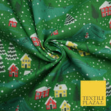 Festive Snowy Neighbourhood Scene Christmas Printed Polycotton Fabric 45" Wide