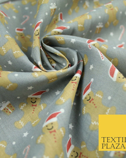 3 COLOURS Festive Gingerbread Men Santa Hat Christmas Printed Polycotton Fabric