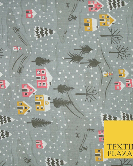 Festive Snowy Neighbourhood Scene Christmas Printed Polycotton Fabric 45" Wide
