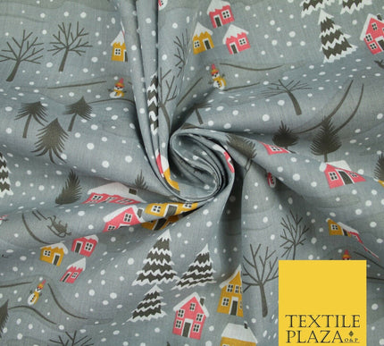 Festive Snowy Neighbourhood Scene Christmas Printed Polycotton Fabric 45" Wide