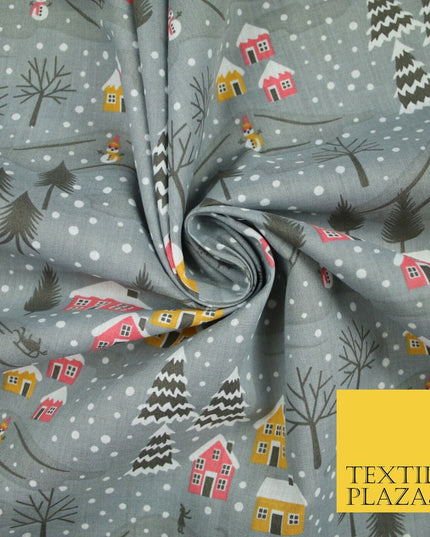 Festive Snowy Neighbourhood Scene Christmas Printed Polycotton Fabric 45" Wide