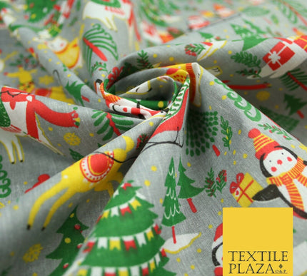 3 COLOURS Festive Santa Penguin Llama Snowman Christmas Print Polycotton Fabric