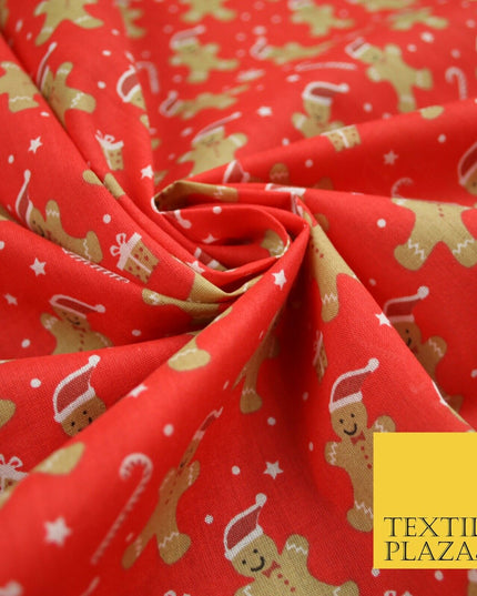 3 COLOURS Festive Gingerbread Men Santa Hat Christmas Printed Polycotton Fabric