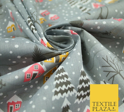 Festive Snowy Neighbourhood Scene Christmas Printed Polycotton Fabric 45" Wide