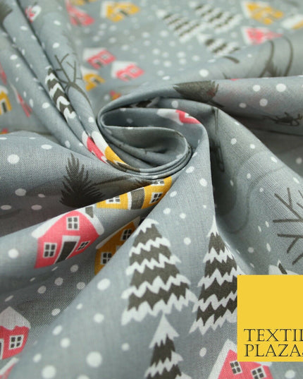 Festive Snowy Neighbourhood Scene Christmas Printed Polycotton Fabric 45" Wide