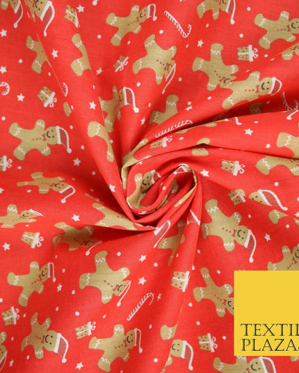 3 COLOURS Festive Gingerbread Men Santa Hat Christmas Printed Polycotton Fabric