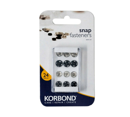 KORBOND Sew On Snap Fasteners 24 Pack Silver & Black Brass 12 Pairs 110223