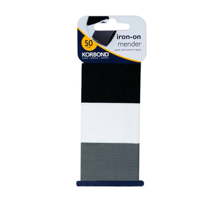 KORBOND 3.8cm x 50cm 3 Pack Black, White & Grey Iron On Mender Tape Patch 110084