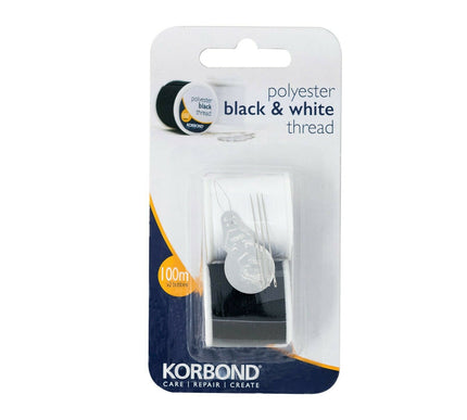 KORBOND Twin Pack 2 x 100 Metres Black & White 100% Spun Polyester Thread 110790
