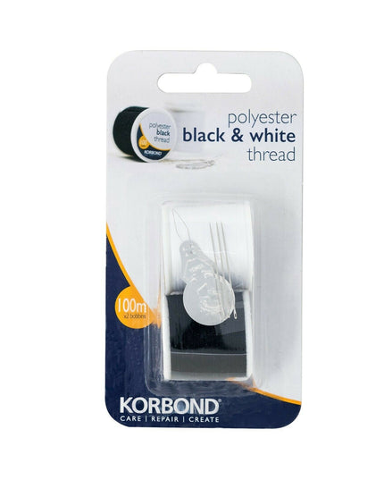 KORBOND Twin Pack 2 x 100 Metres Black & White 100% Spun Polyester Thread 110790