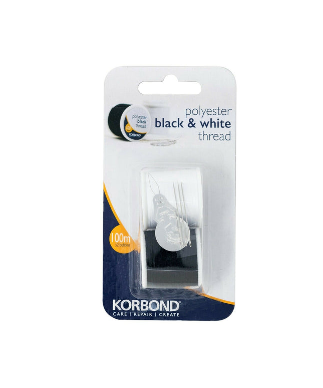 KORBOND Twin Pack 2 x 100 Metres Black & White 100% Spun Polyester Thread 110790