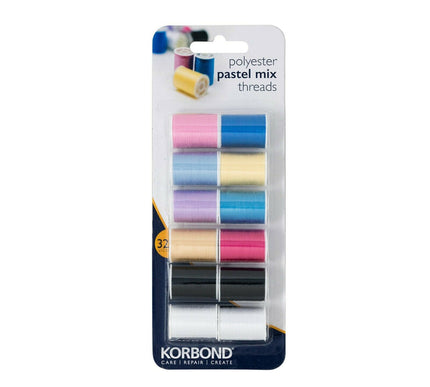 KORBOND 12 Colours PASTEL MIX Thread Selection 12x32m 100% Spun Polyester 110782