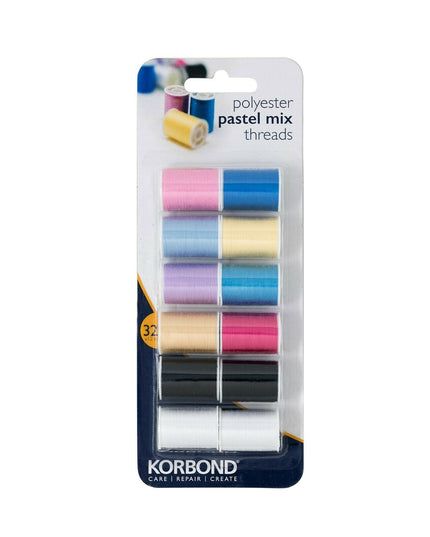 KORBOND 12 Colours PASTEL MIX Thread Selection 12x32m 100% Spun Polyester 110782