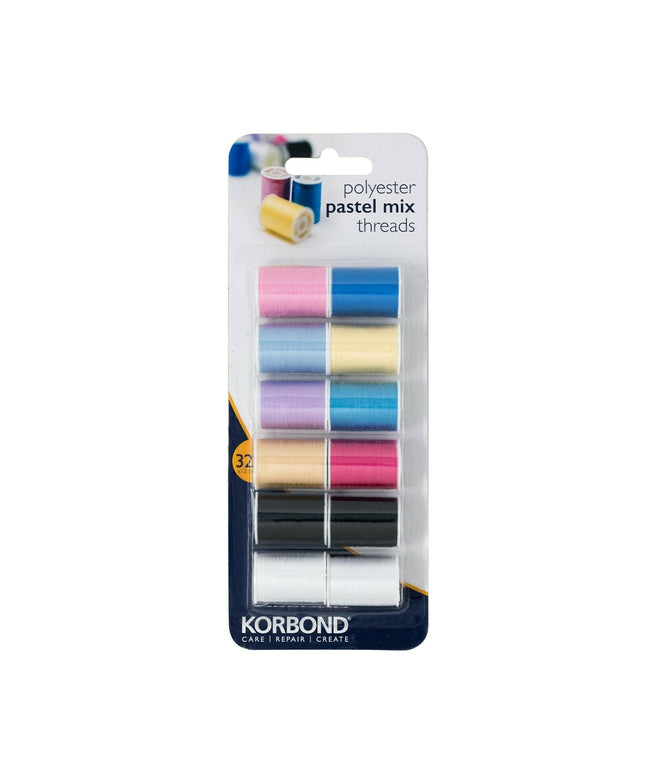 KORBOND 12 Colours PASTEL MIX Thread Selection 12x32m 100% Spun Polyester 110782