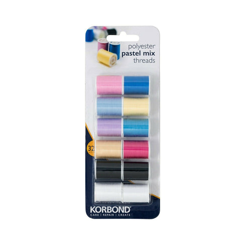 KORBOND 12 Colours PASTEL MIX Thread Selection 12x32m 100% Spun Polyester 110782