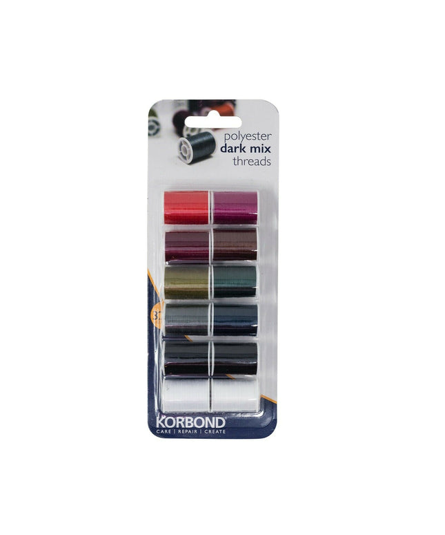 KORBOND 12 Colours DARK MIX Thread Selection 12 x 32m 100% Spun Polyester 110783