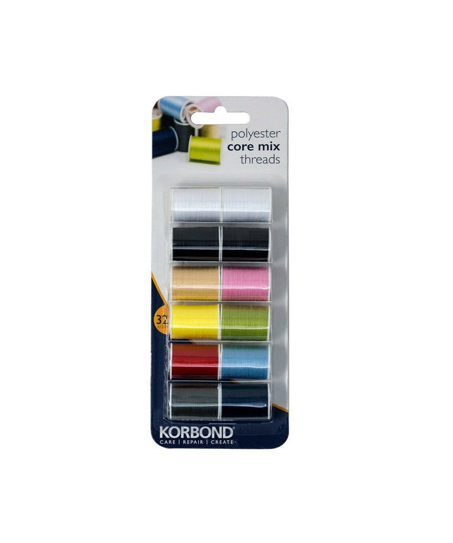 KORBOND 12 Colours CORE MIX Threads Selection 12x32m 100% Spun Polyester 110781