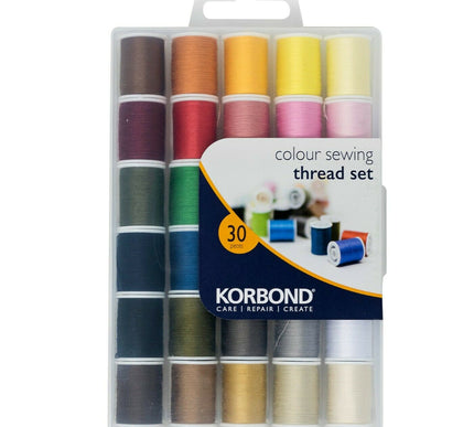 KORBOND 30 Pieces Colour Sewing Thread Set with Case 100% Spun Polyester 110780