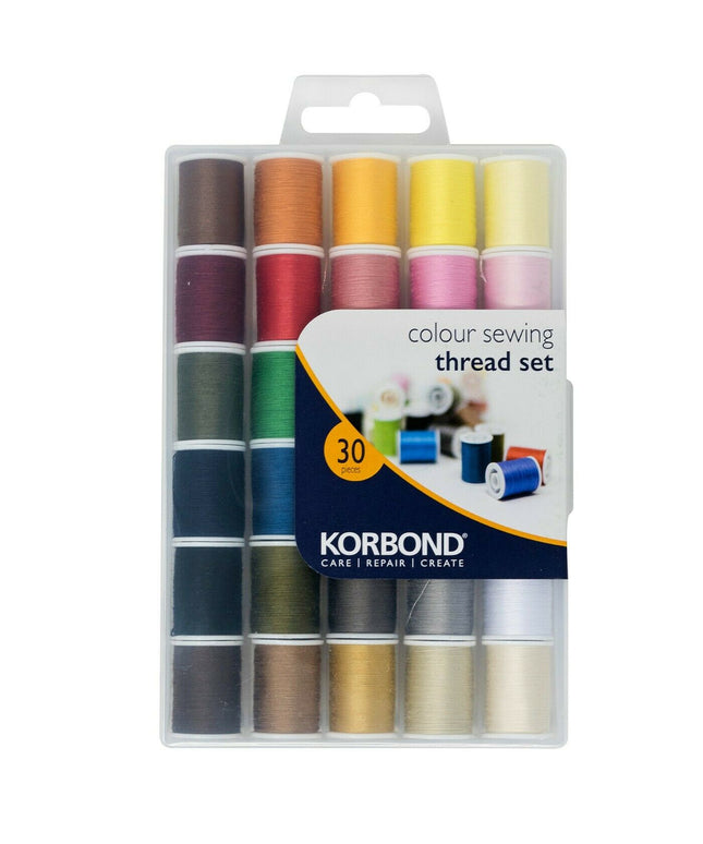 KORBOND 30 Pieces Colour Sewing Thread Set with Case 100% Spun Polyester 110780