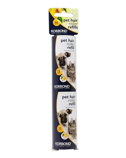 KORBOND Pet Hair Sticky Roller REFILLS 2 x 33 Sheets Lightly Scented 110721