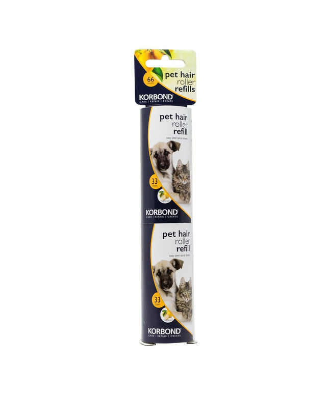 KORBOND Pet Hair Sticky Roller REFILLS 2 x 33 Sheets Lightly Scented 110721