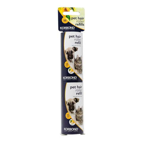 KORBOND Pet Hair Sticky Roller REFILLS 2 x 33 Sheets Lightly Scented 110721