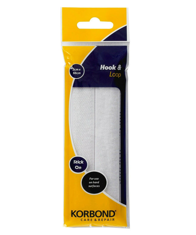 KORBOND Hook & Loop Stick On Press WHITE 2cm x 50cm Hard Surfaces 110117