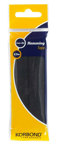 KORBOND Hemming Tape 4.5m - BLACK - Iron On Turning Up Trouser Skirt Hems 110032