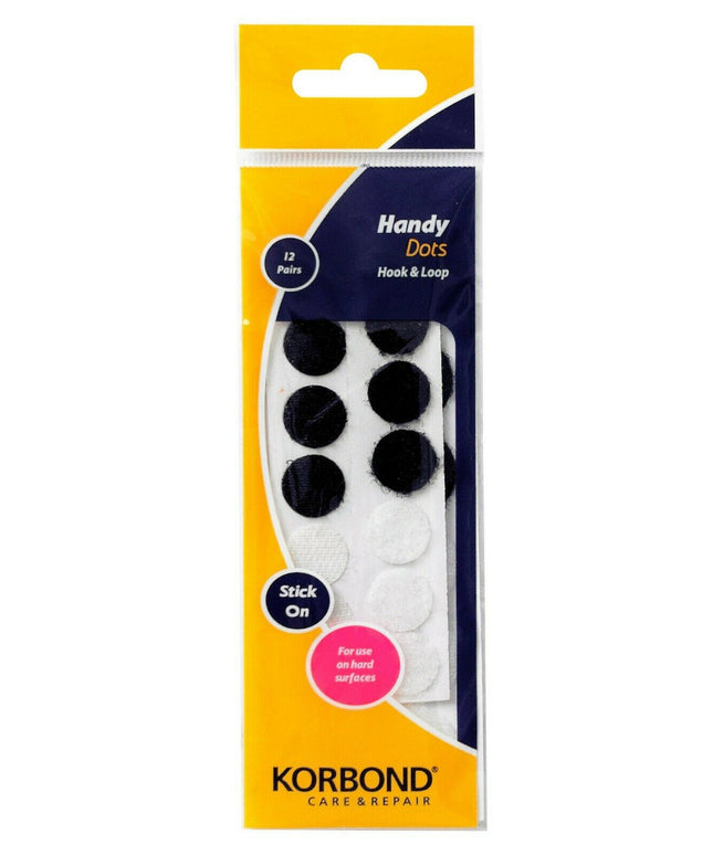 KORBOND Hook & Loop Handy Dots Stick On Self Adhesive 12 Pairs 2 Sizes 110125