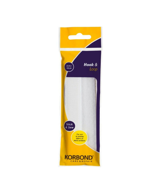 KORBOND Hook & Loop STICK & SEW Fabric to Hard Surfaces WHITE 2cm x 50cm 110122