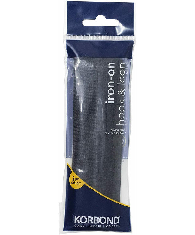 KORBOND Hook & Loop Iron On BLACK 2cm x 50cm Furnishing Upholstery Zip 110113