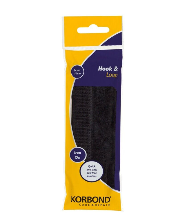 KORBOND Hook & Loop Iron On BLACK 2cm x 50cm Furnishing Upholstery Zip 110113
