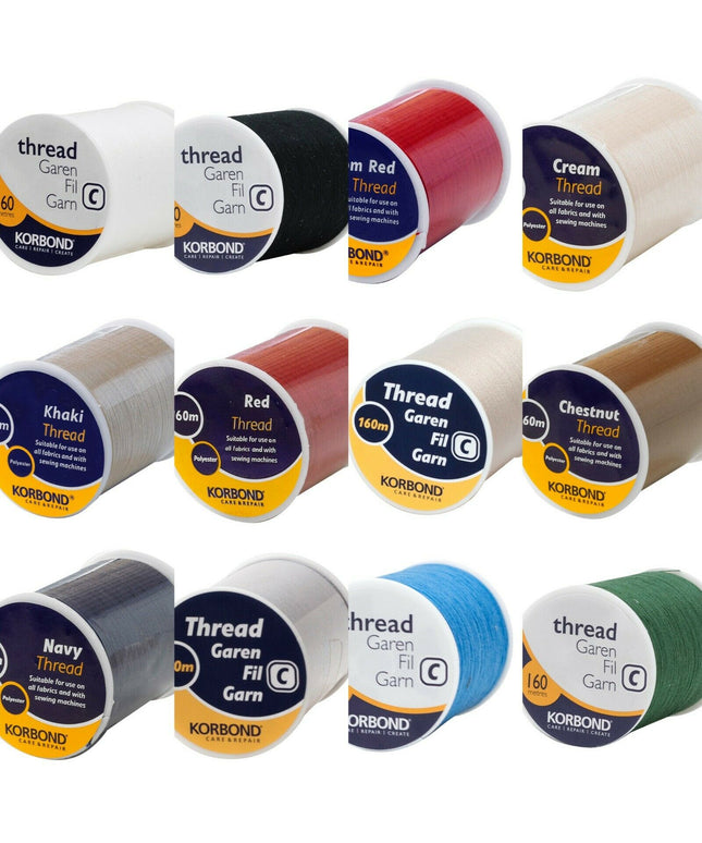 KORBOND 100% Polyester Thread 160m Reels No Shrinkage Sewing Repairs 12 COLOURS