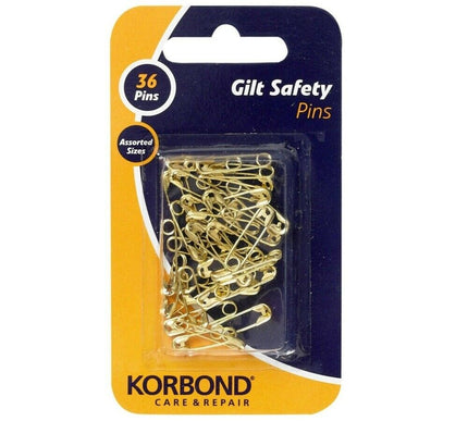 KORBOND 36 Pieces Gilt Safety Pins Assorted Sizes for Fine Light Fabrics 110192