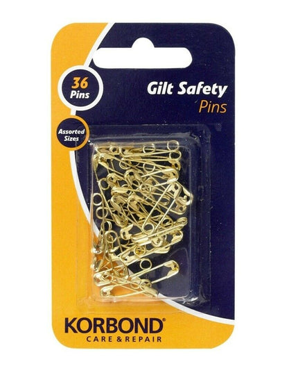 KORBOND 36 Pieces Gilt Safety Pins Assorted Sizes for Fine Light Fabrics 110192