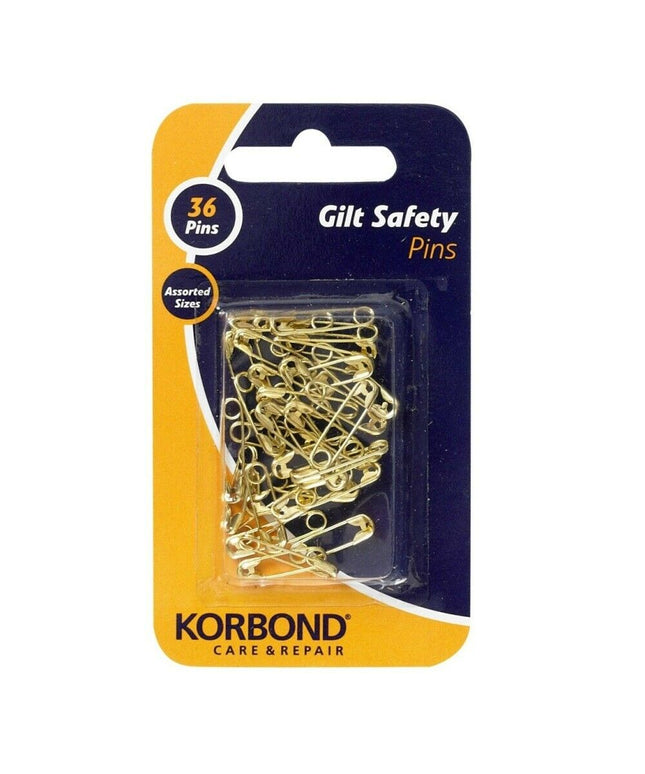 KORBOND 36 Pieces Gilt Safety Pins Assorted Sizes for Fine Light Fabrics 110192