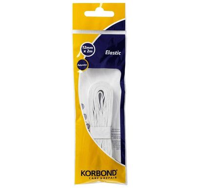 KORBOND 12mm x 2m WHITE Flat Woven Sewing Elastic Polyester Durable Repair110386