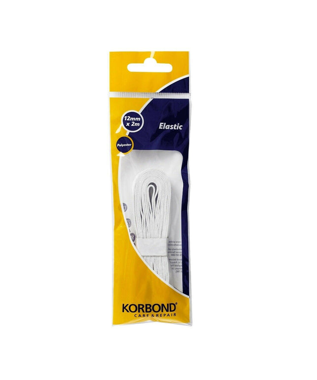 KORBOND 12mm x 2m WHITE Flat Woven Sewing Elastic Polyester Durable Repair110386
