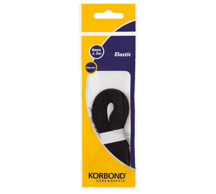 KORBOND 6mm x 3m BLACK Flat Woven Sewing Elastic Polyester Durable Repair 110374