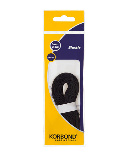 KORBOND 6mm x 3m BLACK Flat Woven Sewing Elastic Polyester Durable Repair 110374
