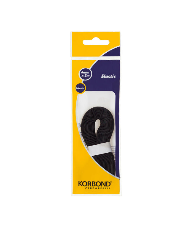 KORBOND 6mm x 3m BLACK Flat Woven Sewing Elastic Polyester Durable Repair 110374