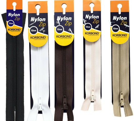 KORBOND High Quality 12cm Nylon Zips Black White Brown Cream Khaki Closed Ended