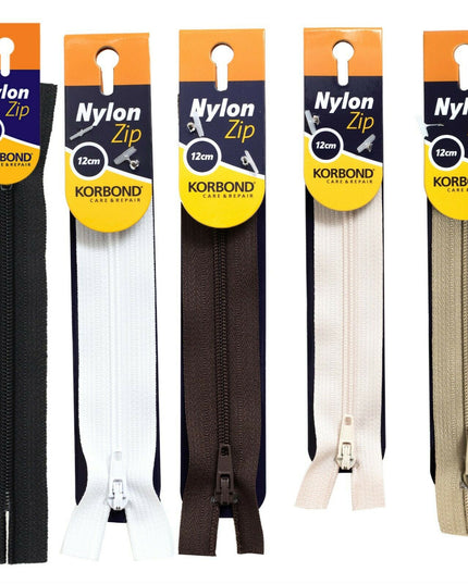 KORBOND High Quality 12cm Nylon Zips Black White Brown Cream Khaki Closed Ended