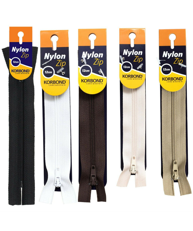 KORBOND High Quality 12cm Nylon Zips Black White Brown Cream Khaki Closed Ended