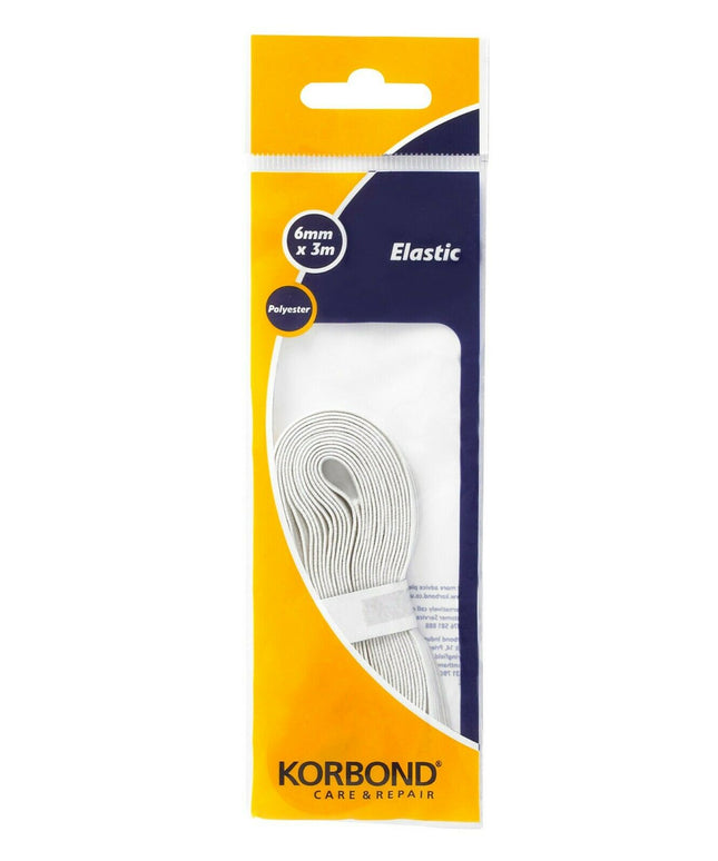 KORBOND 6mm x 3m WHITE Flat Woven Sewing Elastic Polyester Durable Repair 110370