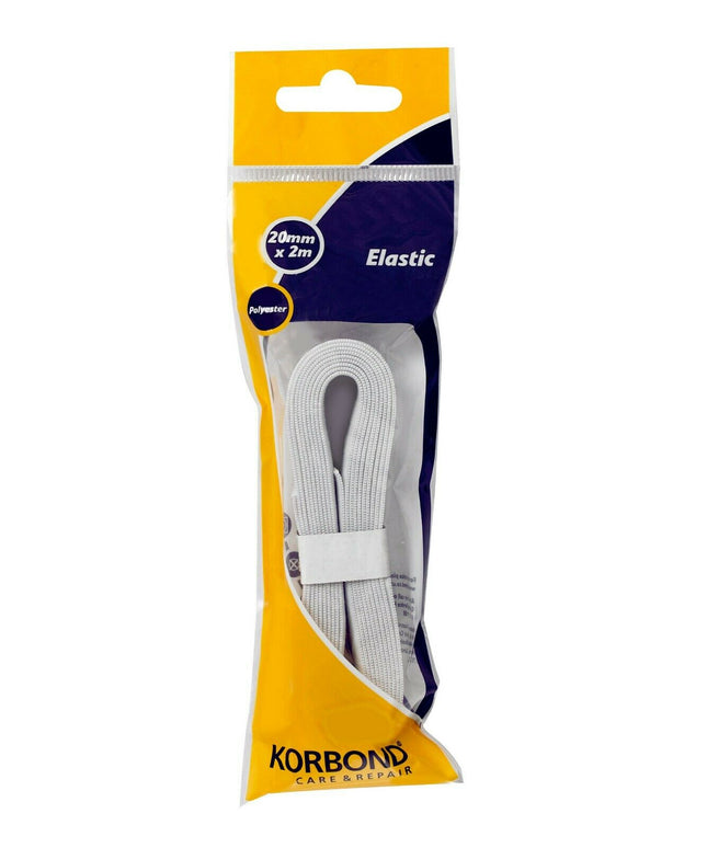 KORBOND 20mm x 2m WHITE Flat Woven Sewing Elastic Polyester Durable Repair110387