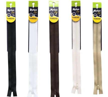KORBOND High Quality 25cm Nylon Zips Black White Brown Cream Khaki Closed Ended